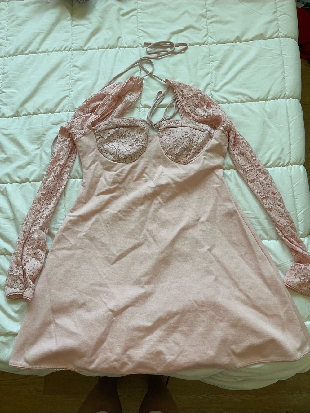 Fashion Nova Blush Pink Lace Halter Chemise with Sheer Sleeves